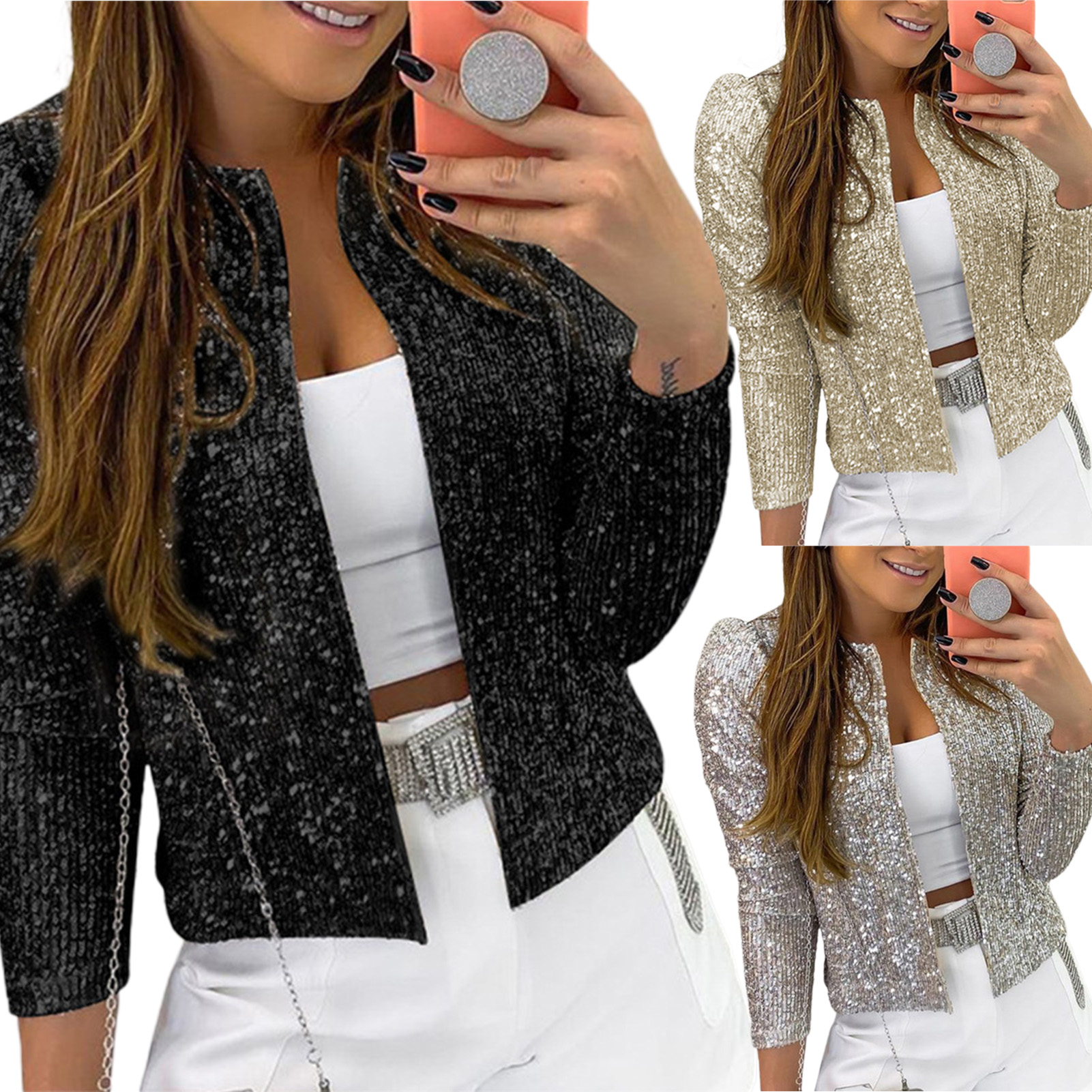 Cardigan Décontracté à Paillettes Scintillantes Pour Femme - Veste Légère Pour Femme, Argenté., L